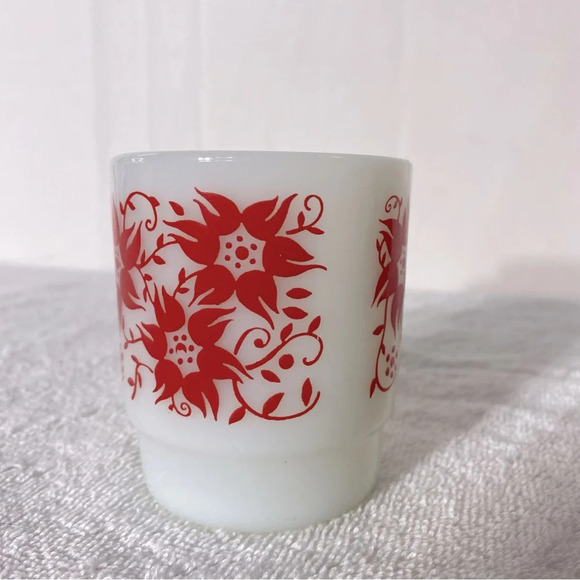 Vintage Anchor Hocking Fire King Red Flower Milk  Glass Stacking Mug - Picture 5 of 11
